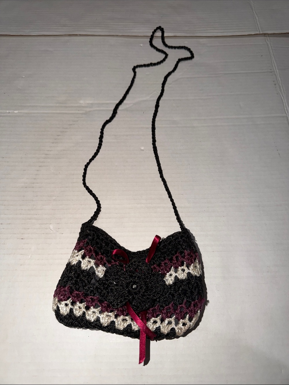 Handcrafted Small Black Crochet Crossbody Bag with Burgundy and Cream Accents